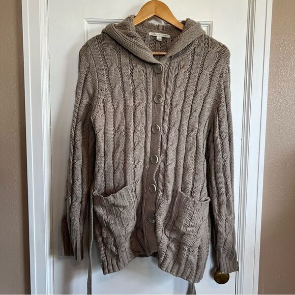 Carolyn Taylor Tan Cable Knit Cardigan with Hood - Picture 2 of 6